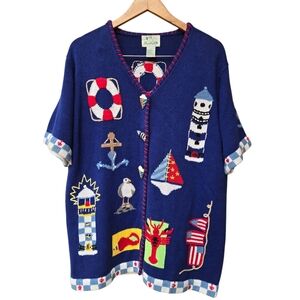 Quacker Factory Cardigan Sweater Sz L Embroidery Short Sleeve Button Up Nautical